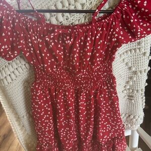 SHEIN Red and White Smocked Puff Sleeve Sundress